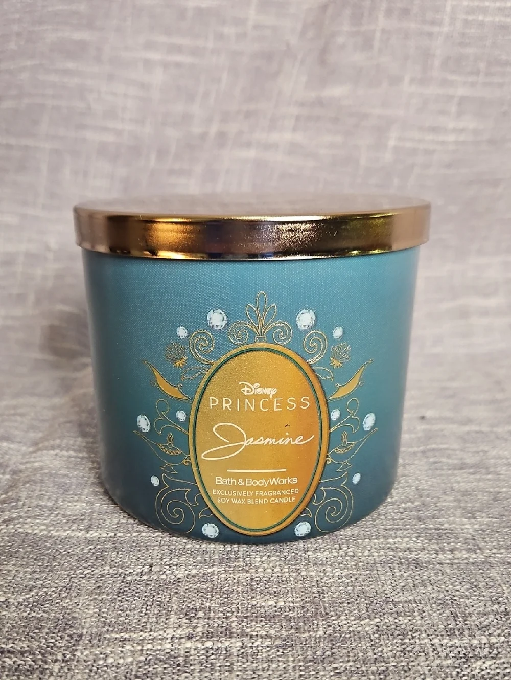 Bath & Body Works Princess Jasmine Scented Candle - Teal with Gold Accents